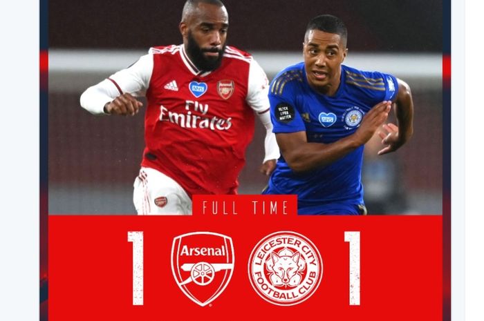 Arsenal hanya bermain imbang 1-1 melawan Leicester City pada pekan ke-34 Liga Inggris, Selasa (7/7/2020) di Emirates.