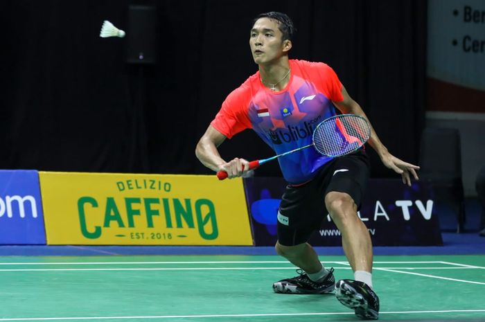 Pebulu tangkis tunggal putra, Jonatan Christie tampil pada sesi sore PBSI Home Tournament di pelatnas Cipayung, Jakarta, Rabu (8/7/2020).