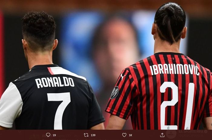 Cristiano Ronaldo dan Zlatan Ibrahimovic dalam duel Liga Italia antara AC Milan vs Juventus di San Siro, 7 Juli 2020.