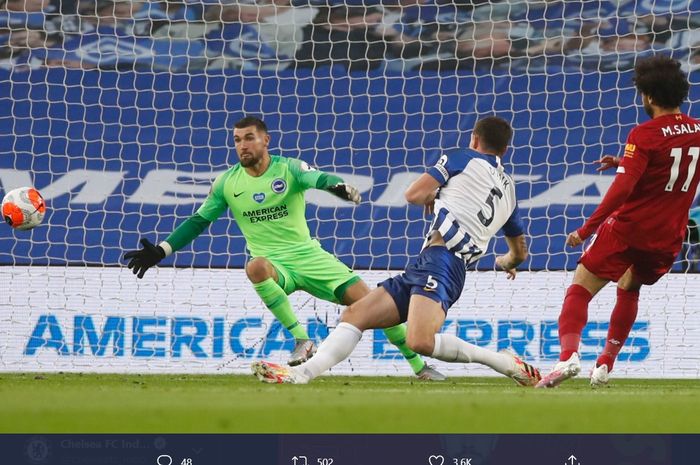 Proses terjadinya gol pertama Mohamed Salah ke gawang Brighton &amp; Hove Albion pada laga pekan ke-34 Liga Inggris, Rabu (8/7/2020).