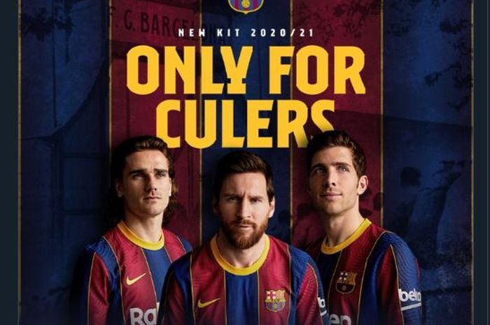 Lionel Messi, Antoine Griezmann, dan Sergi Roberto pamer seragam anyar Barcelona untuk musim 2020-2021.