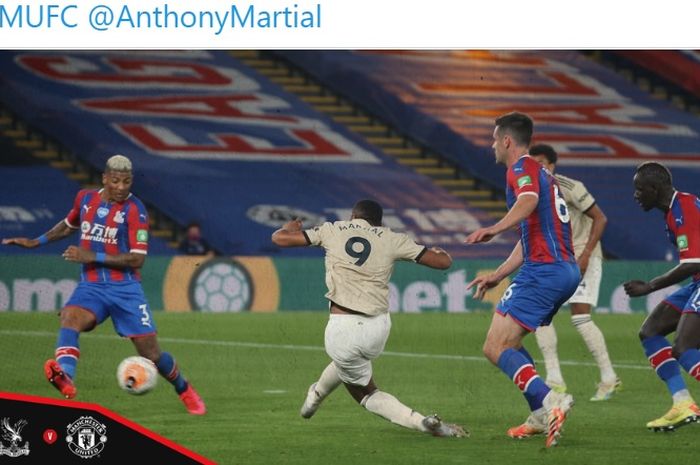 Striker Manchester United, Anthony Martial, berhasil menyamakan mencetak gol ke gawang Crystal Palace pada laga pekan ke-36, Kamis (16/7/2020) waktu setempat.