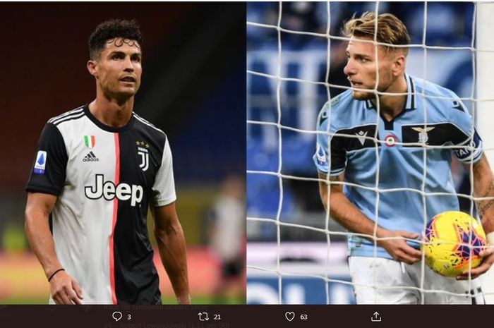 Cristiano Ronaldo (kiri) dan Ciro Immobile (Lazio) bersaing ketat di daftar top scorer Liga Italia 2019-2020.