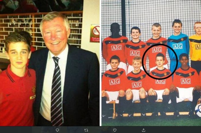 Foto kiri: Sir Alex Ferguson bersama dengan Rhain Davis. Foto kanan: Rhain Davis bersama dengan rekan-rekan setimnya di tim muda Manchester United.