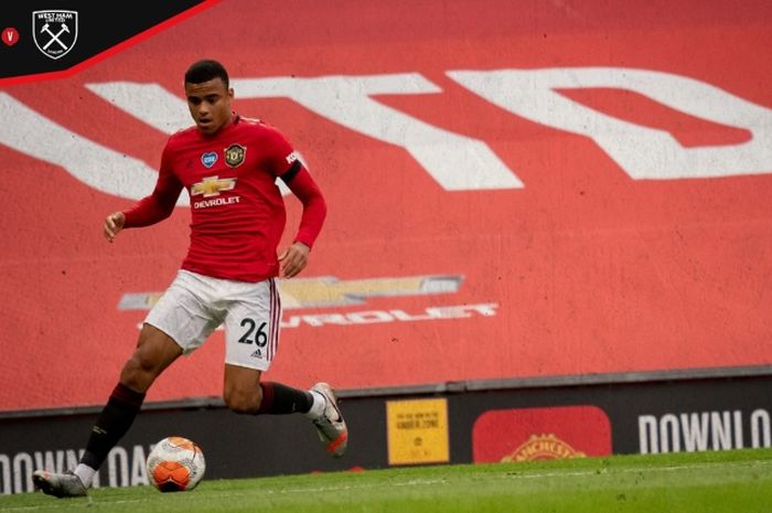 Penyerang Manchester United, Mason Greenwood, mencetak gol ke  gawang West Ham United dalam laga Liga Inggris di Old Trafford, Rabu (22/7/2020).