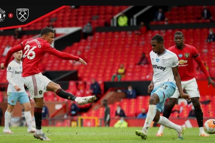 Penyerang Manchester United, Mason Greenwood, mencetak gol ke  gawang West Ham United dalam laga di Old Trafford, Rabu (22/7/2020).