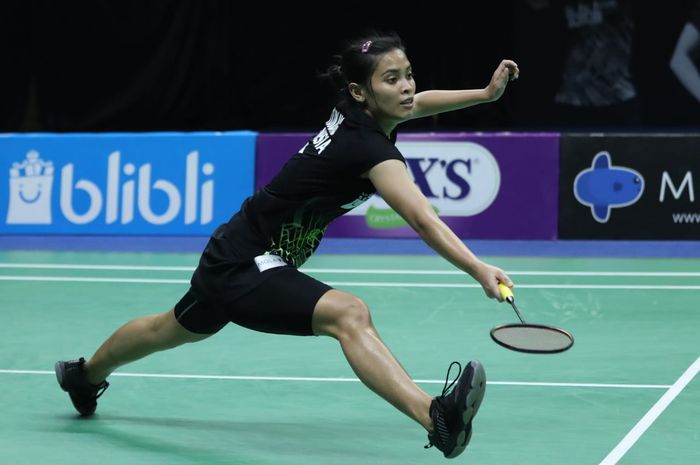 Pemain tunggal putri nasional Indonesia, Gregoria Mariska Tunjung, saat bertanding melawan Saifi Rizka Nur Hidayah pada laga semifinal PBSI Home Tournament di Hall Pelatnas PBSI, Cipayung, Jakarta Timur, Jumat (24/7/2020).