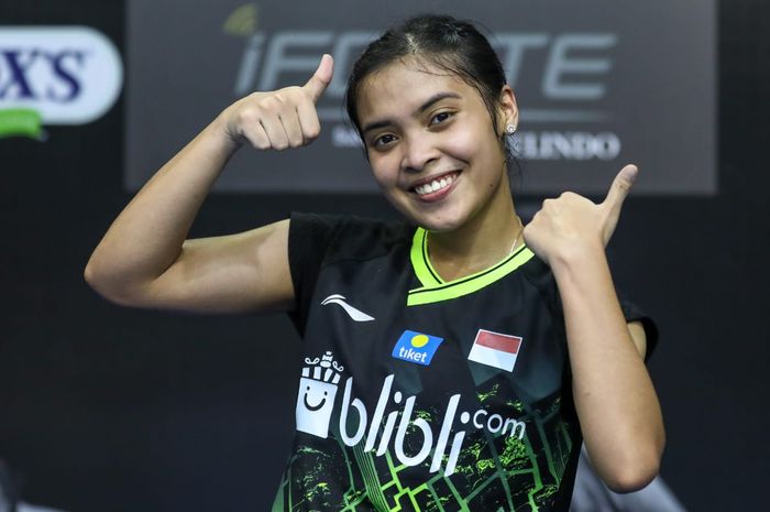 Pebulu tangkis tunggal putri, Gregoria Mariska berpose seusai laga semifinal PBSI Home Tournament, Jumat (24/7/2020).