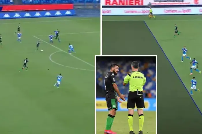 Momen saat empat gol Sassuolo ke gawang  Napoli dianulis oleh wasit dalam laga Liga Italia pekan ke-36 pada Minggu (26/7/2020) di Stadion San Paolo, Naples.