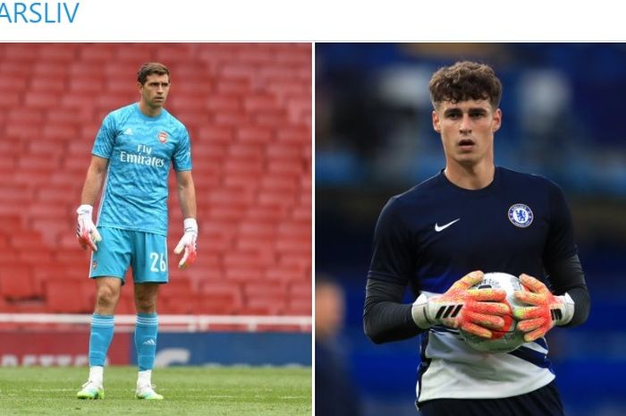 Ilustrasi kiper kedua Arsenal, Emiliano Martinez (kiri), dengan kiper utama Chelsea, Kepa Arrizabalaga.