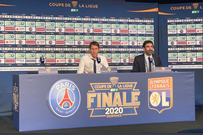 Pelatih Lyon, Rudi Garcia, dalam jumpa pers usai final Piala Liga Prancis, Jumat (31/7/2020).