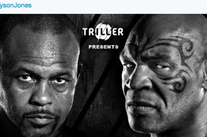 Poster pertarungan Roy Jones Jr (kiri) dan Mike Tyson (kanan) yang akan berhadapan di Staples Center, Los Angeles, Amerika Serikat, pada 28 November 2020.