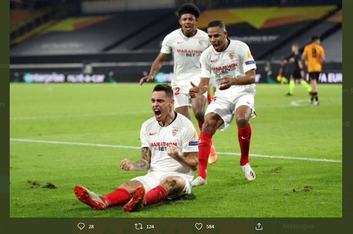 Lucas Ocampos meloloskan Sevilla ke semifinal Liga Europa setelah menjebol gawang Wolverhampton di perempat final, 11 Agustus 2020.