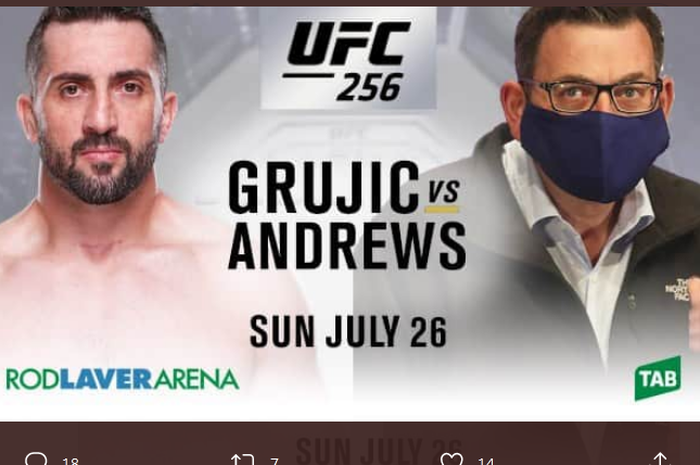 Poster duel yang dibuat oleh petarung UFC, Vik Grujic yang menantang Perdana Menteri Victoria, Daniel Andrews.