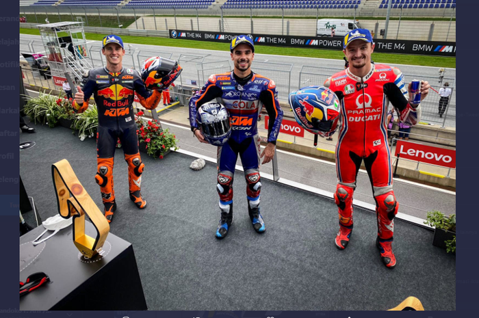 Pol Espargaro (kiri), Miguel Oliveira (tengah), dan Jack Miller (kanan). Ketiga pembalap tersebut yang berhasil menempati posisi podium pada MotoGP Styria 2020 di Sirkuit Red Bull, Spielberg, Austria, Minggu (23/8/2020).