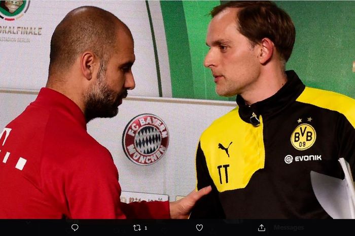 Thomas Tuchel (kanan) saat masih membesut Borussia Dortmund menghadapi Bayern Muenchen asuhan Pep Guardiola di DFB Pokal.