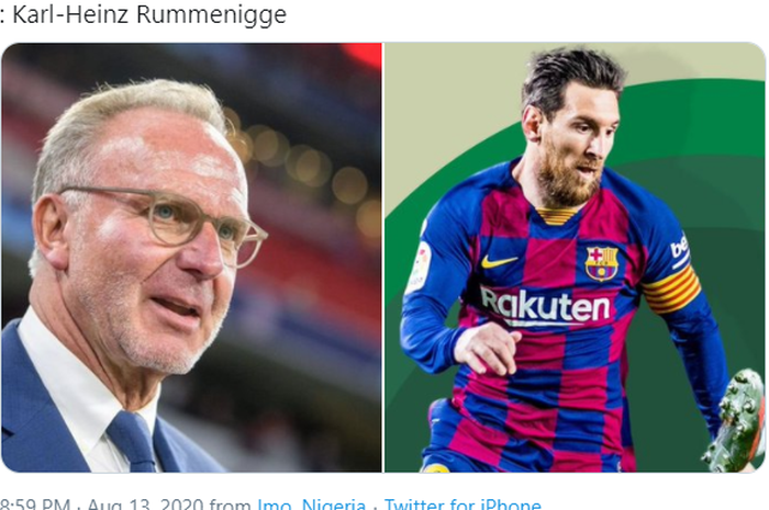 Ilustrasi CEO Bayern Muenchen, Karl-Heinz Rummenigge (kiri) bersampingan dengan megabintang Barcelona, Lionel Messi.