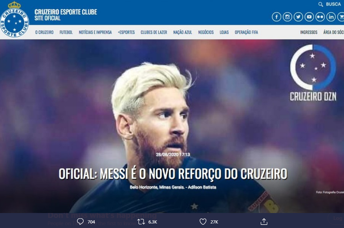 Unggahan di laman resmi Cruzeiro yang diretas oleh hacker dan diklaim telah mendatangkan Lionel Messi.