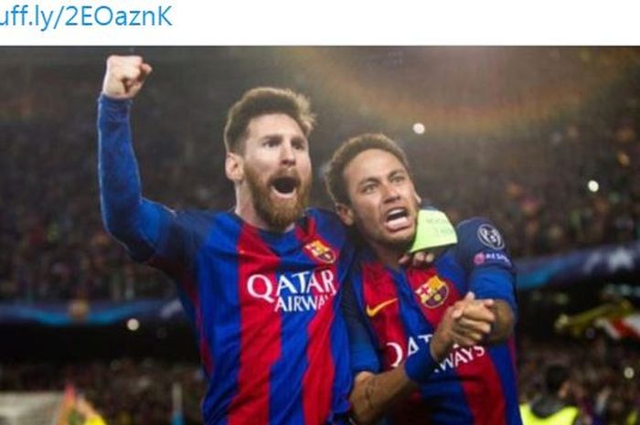 Lionel Messi dan Neymar melakukan selebrasi saat sama-sama membela Barcelona.