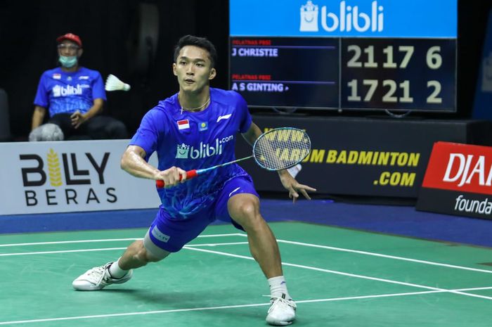 Pebulu tangkis tunggal putra Indonesia, Jonatan Christie, tampil pada simulasi Piala Thomas 2020 di Pelatnas PBSI, Cipayung, Jakarta (1/9/2020)