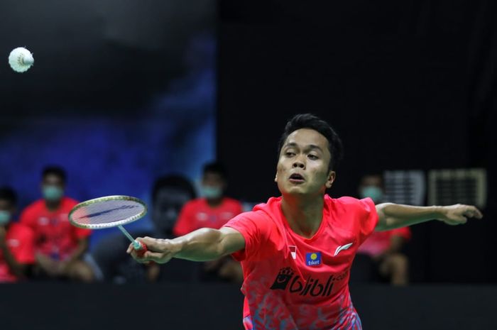 Pebulu tangkis tunggal putra Indonesia, Anthony Sinisuka Ginting, tampil pada Simulasi Piala Thomas 2020 di Cipayung, Jakarta, Rabu (2/9/2020)