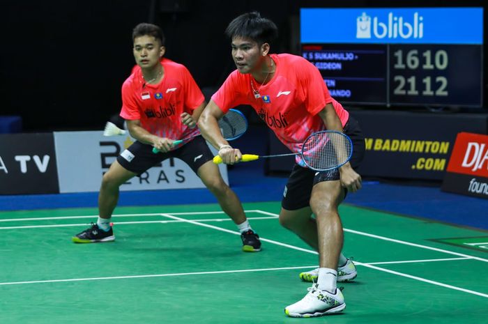 Pasangan ganda putra Indonesia, Leo Rolly Carnando/Daniel Marthin, pada pertandingan Simulasi Piala Thomas 2020 di Pelatnas PBSI, Cipayung, Jakarta, Selasa (3/9/2020).