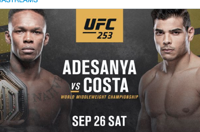 Poster pertarungan UFC 253 antara Israel Adesanya (kiri) vs Paulo Costa, dalam perebutan gelar juara kelas menengah pada 26 September 2020.