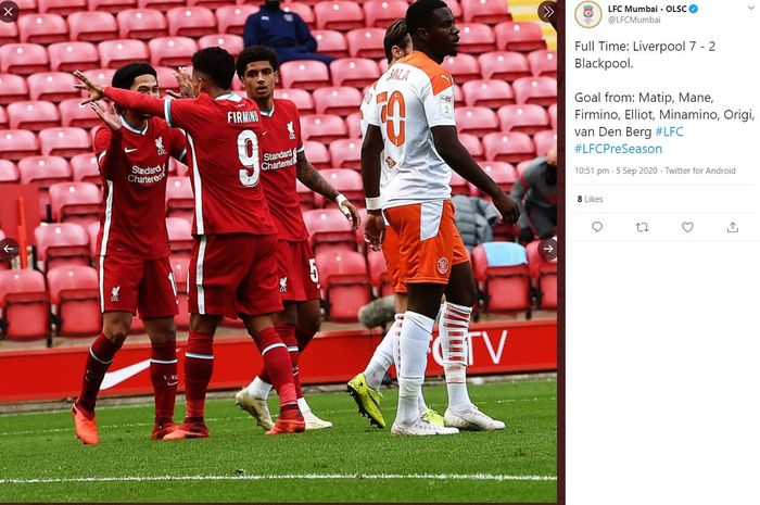 Selebrasi pemain Liverpool usai mengalahkan Blackpool dalam laga ujicoba di Anfield Stadium, Sabtu (5/9/2020).