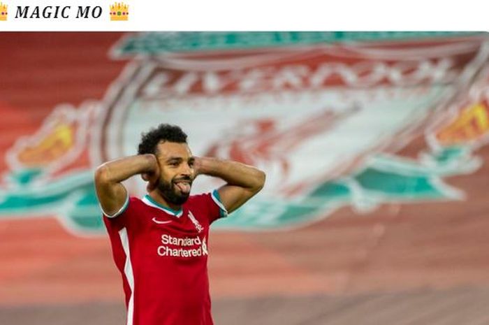 Penyerang Liverpool, Mohamed Salah, merayakan gol yang dicetak ke gawang Leeds United dalam laga Liga Inggris di Stadion Anfield, Sabtu (12/9/2020).