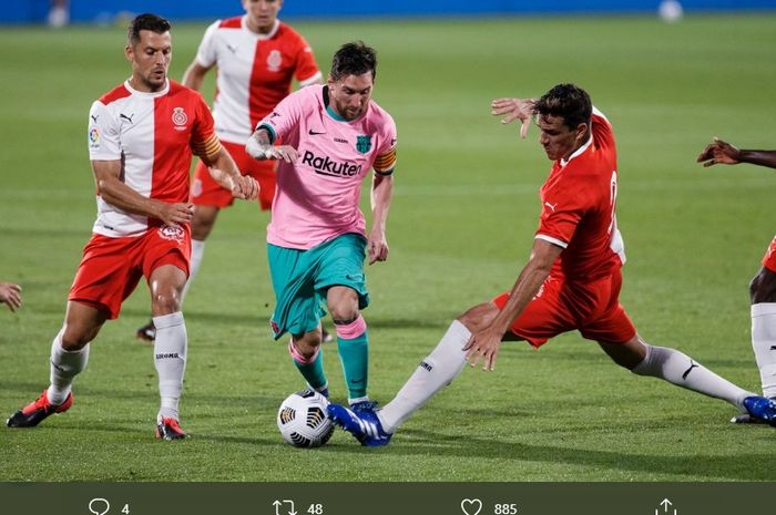 Megabintang Barcelona, Lionel Messi, beraksi dalam laga persahabatan melawan Girona di Stadion Johan Cruyff, Rabu (16/9/2020) waktu setempat atau Kamis dini hari WIB. 