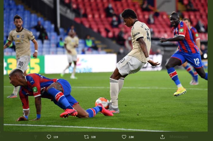 Marcus Rashford mencetak gol dalam duel Manchester United lawan Crystal Palace musim lalu.