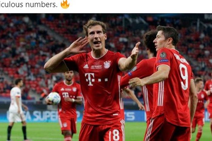 Gelandang Bayern Muenchen, Leon Goretzka, merayakan gol yang dicetak ke gawang Sevilla dalam laga Piala Super Eropa di Stadion Puskas Arena, Kamis (24/9/2020).