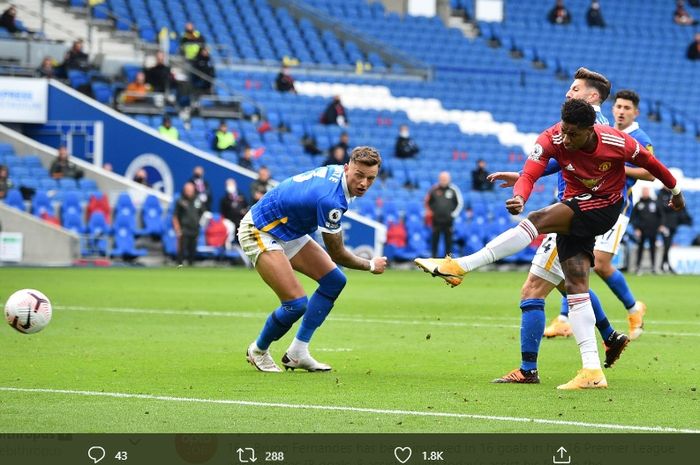 Tendangan pilar andalan Manchester United, Marcus Rashford, ke gawang Brighton, Sabtu (26/9/2020) pukul 18.30 WIB.