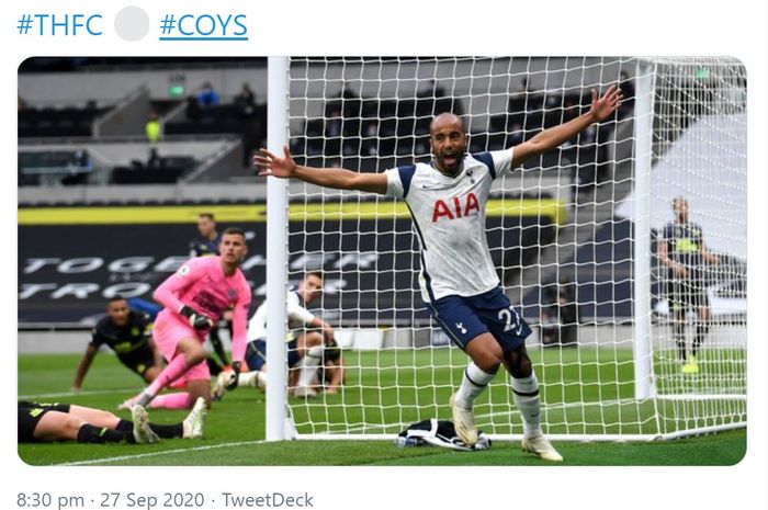 Lucas Moura saat Tottenham Hotspur Menang atas Newcastle United di Tottenham Hotspur Stadium dalam laga pekan ke-3 Liga Inggris, Minggu (27/9/2020). 