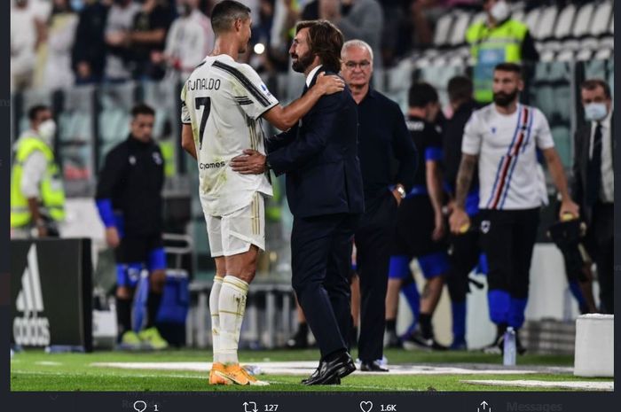 Andrea Pirlo bersama Cristiano Ronaldo dalam laga Liga Italia Juventus melawan Sampdoria.