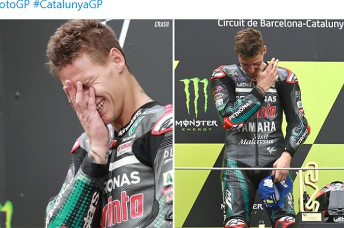 Pembalap Petronas Yamaha SRT, Fabio Quartararo, menangis setelah berhasil memenangi balapan MotoGP Catalunya di Sirkuit Catalunya, Spanyol, 27 September 2020.