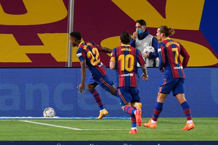 Wonderkid Barcelona merayakan gol ke gawang Villarreal pada laga pekan pertama Liga Spanyol 2020-2021 di Stadion Camp Nou, Senin (28/9/2020) dini hari WIB.