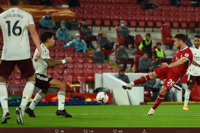 Diogo Jota berhasil mencetak gol debutnya untuk Liverpool ke gawang Arsenal pada pekan ketiga Liga Inggris 2020-2021, Selasa (29/9/2020) dini hari WIB.