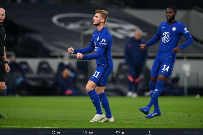 Timo Werner merayakan gol debutnya untuk Chelsea ke gawang Tottenham Hotspur.