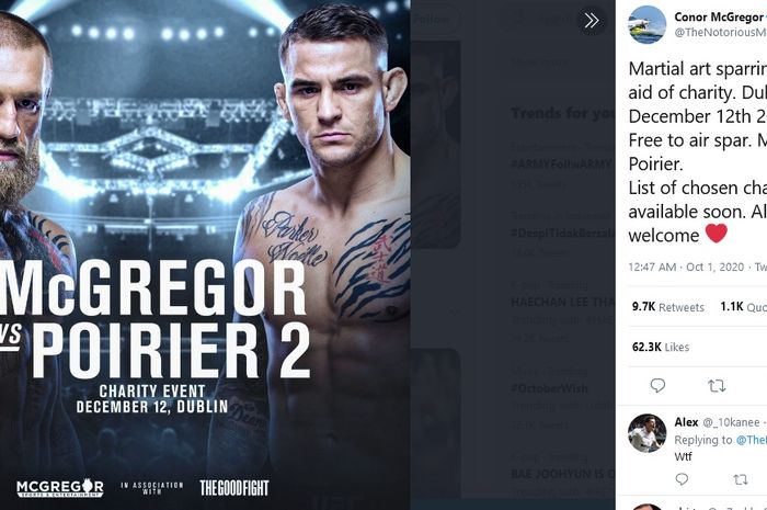 Poster pertandingan amal antara Conor McGregor dan Dustin Poirier. Laga amal tersebut batal setelah kedua petarung setuju untuk saling berhadapan di UFC pada Januari 2021.