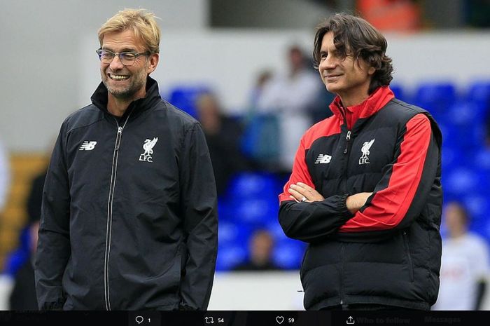 Potret kebersamaan Juergen Klopp dan Zeljko Buvac saat masih bekerja sama di Liverpool.