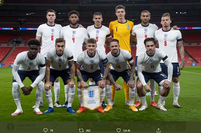 Skuad timnas Inggris ketika berhadapan dengan timnas Wales pada laga uji coba di Stadion Wembley, Kamis (8/10/2020) atau Jumat dini hari WIB.