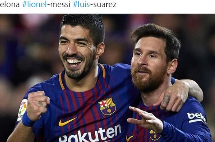 Luis Suarez dan Lionel Messi melakukan selebrasi saat berseragam Barcelona.