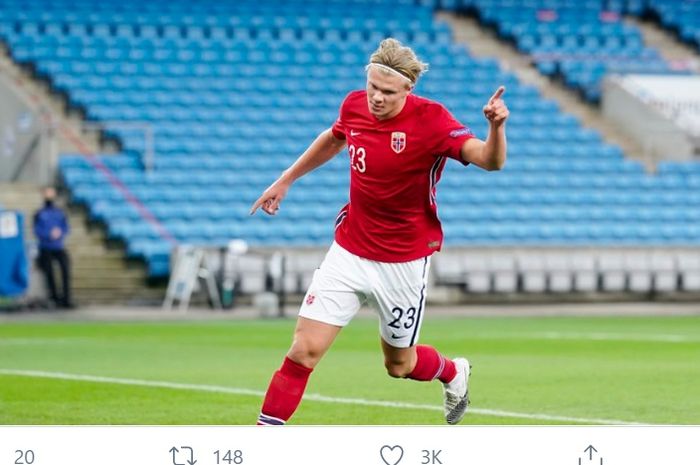 Erling Haaland, mencetak hat-trick pertama di timnas Norwegia, Minggu (11/10/2020).