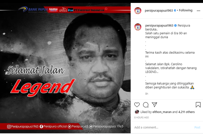 Ucapan belasungkawa Persipura Jayapura atas meninggalnya Carolino Ivakdalam pada Rabu (14/10/2020).