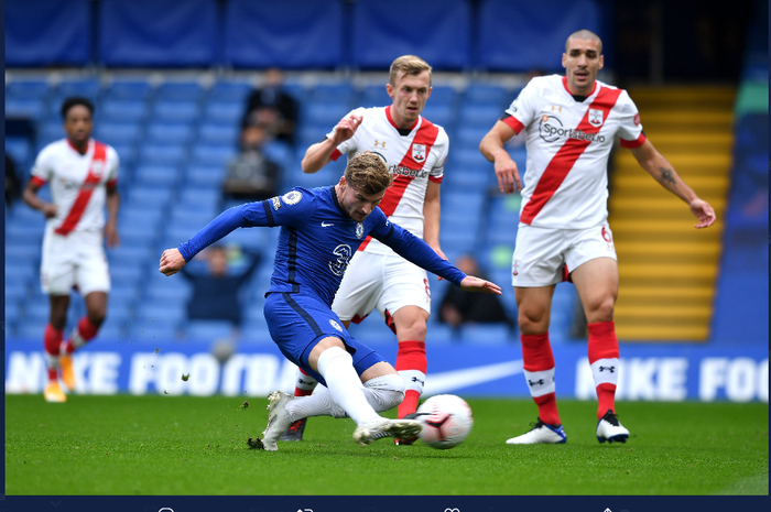 Aksi Timo Werner saat mencetak gol pertamanya di Liga Inggris bersama Chelsea, Sabtu (17/10/2020)