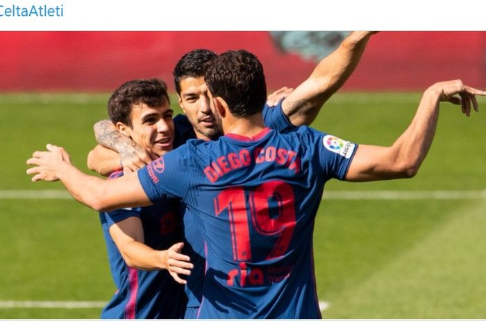 Luis Suarez merayakan gol bersama Diego Costa dan Manu Sanchez dalam laga Celta Vigo vs Atletico Madrid di Liga Spanyol, Sabtu (17/10/2020) di Balaidos.