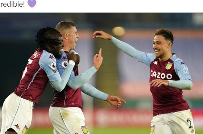 Gelandang Aston Villa, Ross Barkley (tengah), merayakan gol ke gawang Leicester City dalam laga Liga Inggris di Stadion King Power, Minggu (18/10/2020).