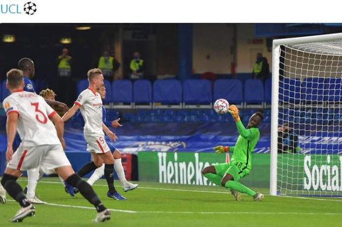 Kiper Chelsea, Edouard Mendy, menjadi bintang The Blues dalam laga Grup E Liga Champions melawan Sevilla di Stadion Stamford Bridge.