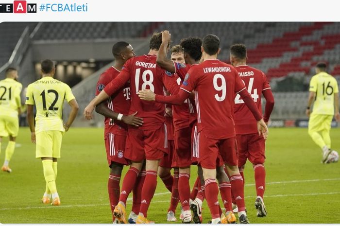 Bayern Muenchen merayakan kemenangan atas Atletico Madrid pada matchday 1 Liga Champions, Rabu (21/10/2020) di Allianz Arena.